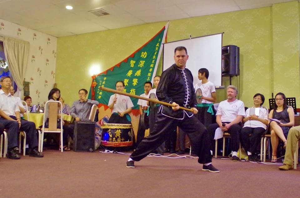 Michael performing Chow Gar Seung Gaap Tan Kwan (雙夾單 double & single headed staff)